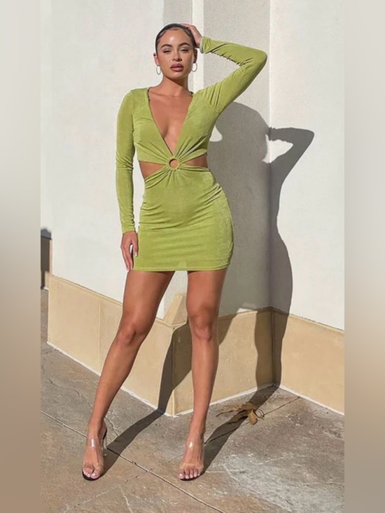 Princess Polly Dresses & Skirts - Princess Polly Lime Cutout Plunge Long-Sleeve Mini Dress Size 4